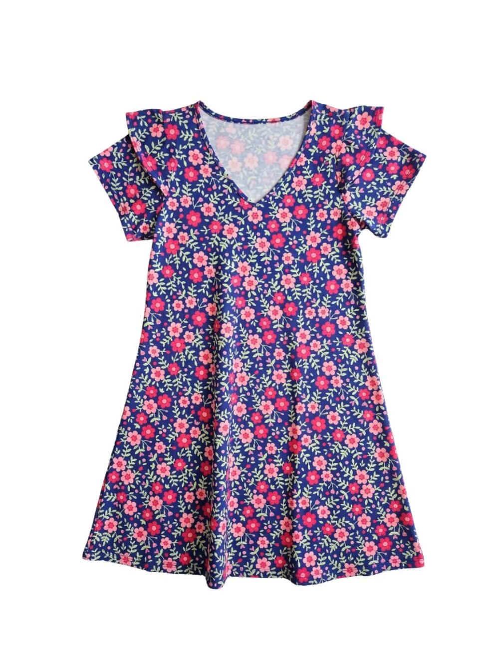 NWOT | Blue and Pink Floral V-Neck Flutter Sleeve Dress Medium